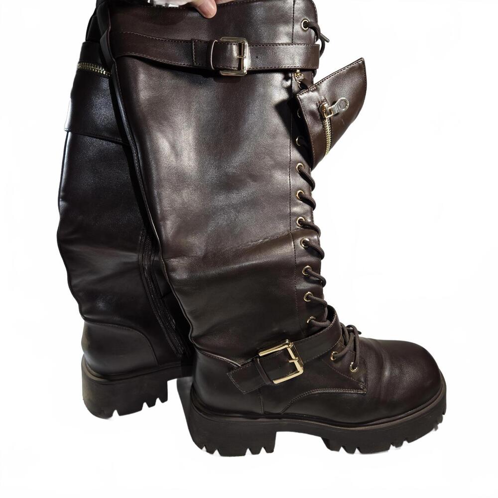 Dream Pairs Black Lace-Up Combat Moto Boots with Side Pocket - Picture 11 of 16